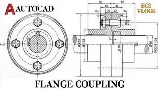 Flange coupling  EG using AutoCAD  Flange coupling assembly drawing step by step process [upl. by Iohk]