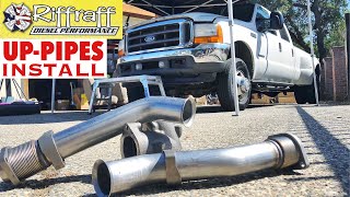 2001 F350 73  RiffRaff UpPipes Install  Stock up pipes leaking and falling apart JUNK SP [upl. by Ennairac351]